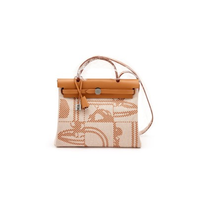 HERMÈS GOLD VACHE HUNTER AND TOILE BRIDES DE GALA HERBAG 31 PALLADIUM HARDWARE (31*26*11.5cm)